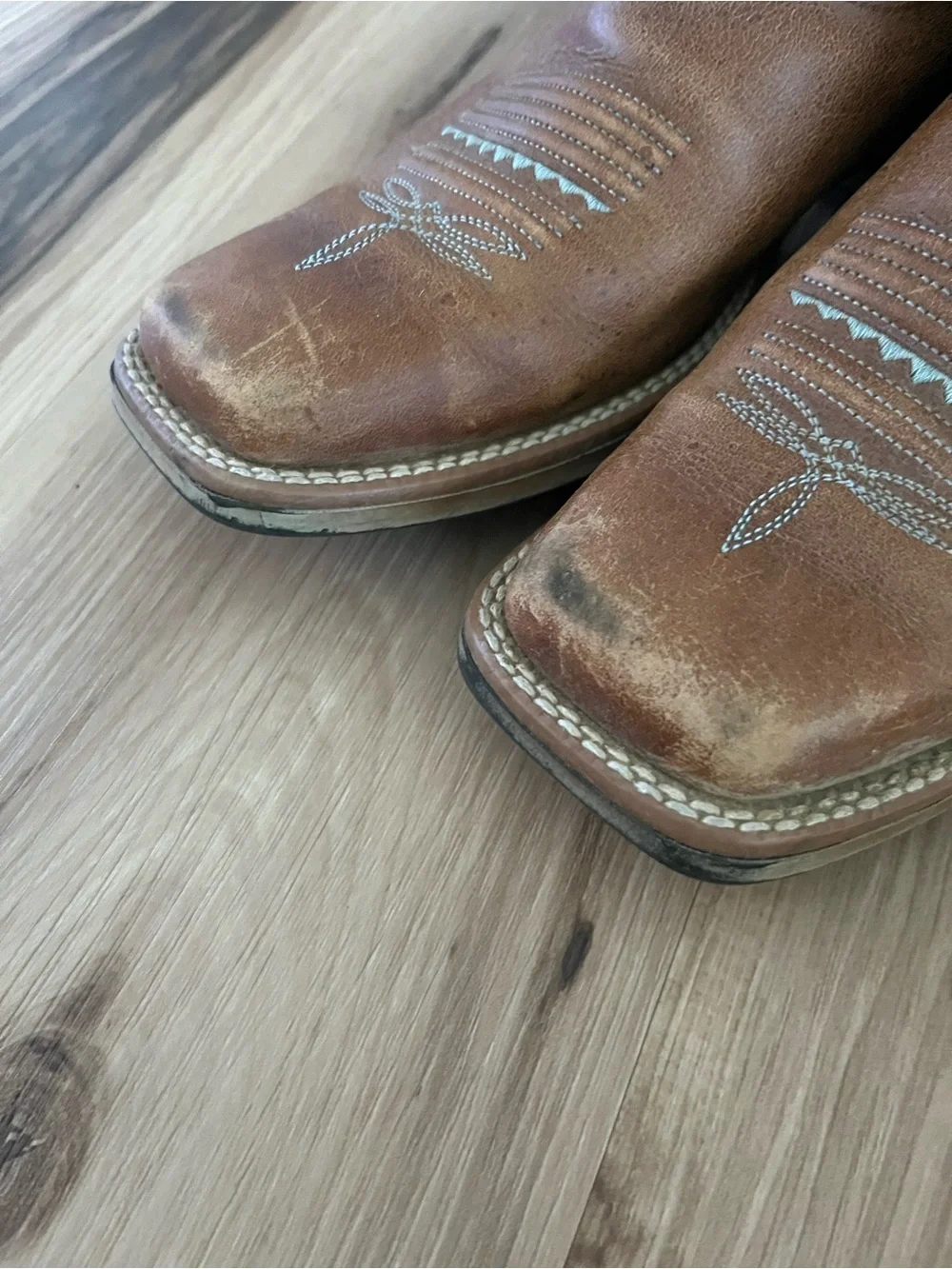 Ariat Women's Brown Blue Leather Western Boots Square Toe Pull On Mid-Calf 7b